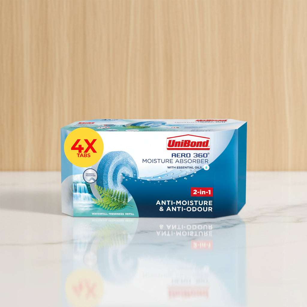 UniBond Aero 360 moisture absorber packaging with blue and white design
