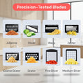 Set of precision-tested blades for various kitchen tasks on a white background.