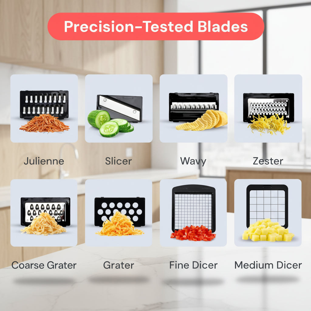 Set of precision-tested blades for various kitchen tasks on a white background.