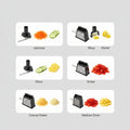 Set of precision-tested blades for various kitchen tasks on a white background.