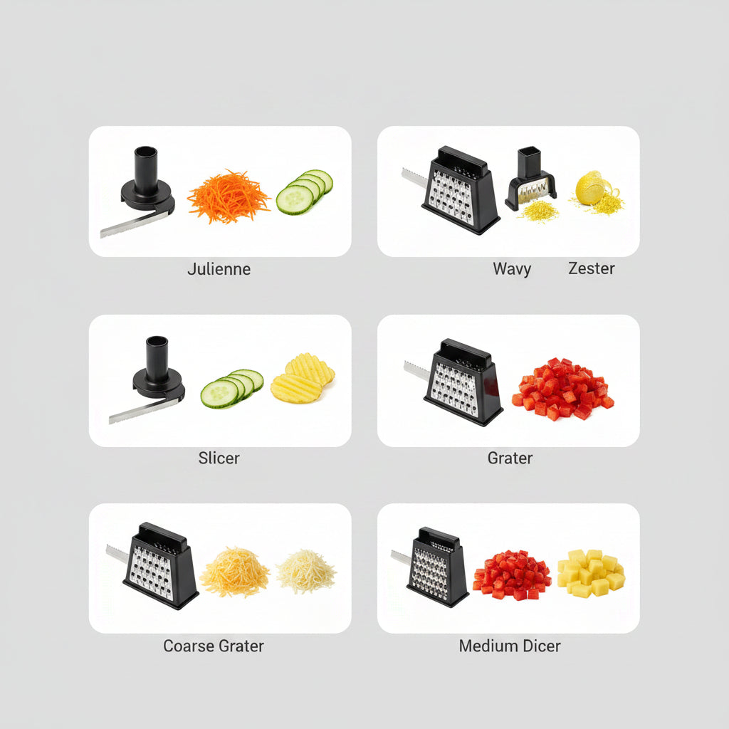 Set of precision-tested blades for various kitchen tasks on a white background.