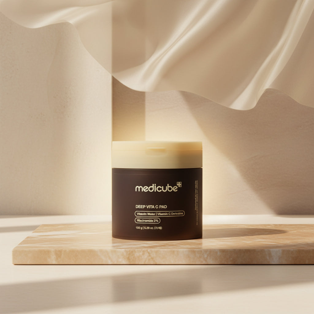 A white jar of medicube+ Zero Pore Pad with a bright blue lid, shown against a white circular background with a faint texture.