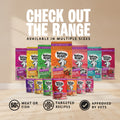A promotional collage for Barking Heads pet food showing multiple pouches and cans of dry and wet pet food in assorted flavors and sizes, with large text reading 'CHECK OUT THE RANGE' and smaller text about multiple sizes, 50% meat or fish, targeted recipes, and approval by vets.