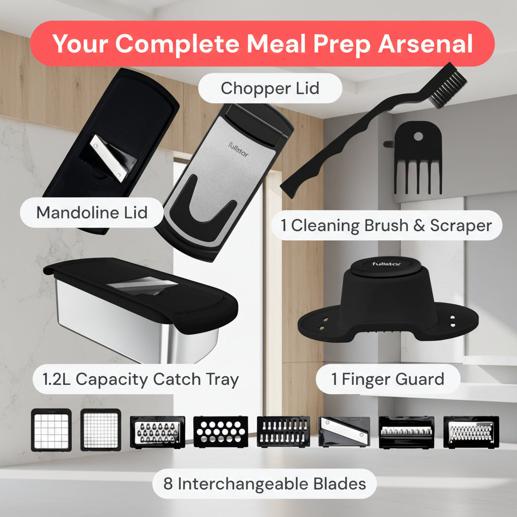 Meal prep tool set with various components on a white background
