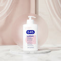 E45 Lotion bottle with product description and features on a pink background