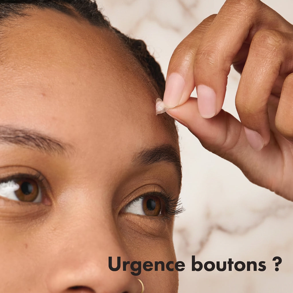 Close-up of a person's face and hand peeling off a small adhesive button from the forehead, with the text 'Urgence boutons ?' at the bottom.