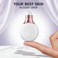 Olay Super Sérum serum bottle held on a person's fingers against a pale lavender background, with promotional text reading 'YOUR BEST SKIN IN EVERY DROP' and 'EVEN ON THE GO.'.