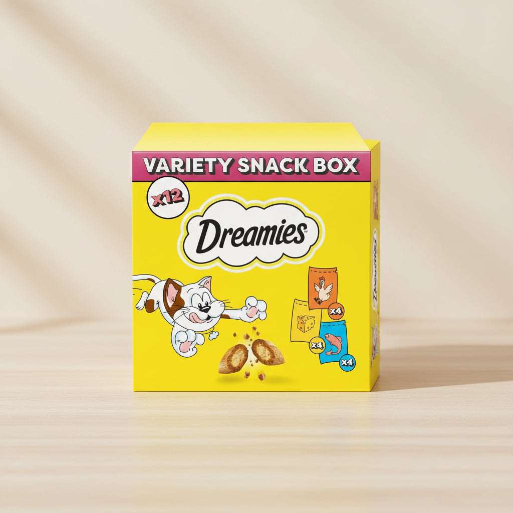 Dreamies Variety Snack Box featuring a bright yellow package with a cartoon cat, snack pieces, and small illustrated snack pouches. The box prominently displays the brand name 'Dreamies' and 'VARIETY SNACK BOX' with 'x12' indicating a 12-pack.