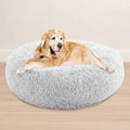 A golden retriever dog lying comfortably inside a round, fluffy light gray pet bed on a solid white background.