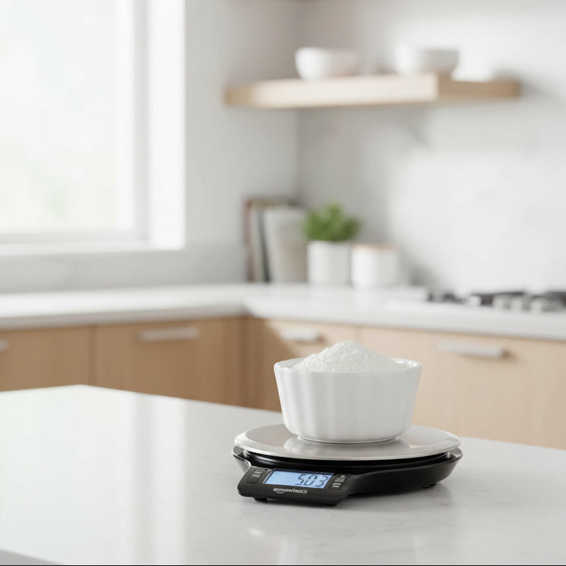A top-down view of a digital kitchen scale showing sliced almonds in a white bowl on a stainless steel platform. The scale brand 'amazon basics' is visible on the black display base.