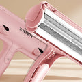Pink pet hair removal tool with a clear background