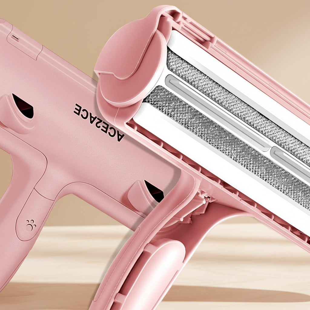 Pink pet hair removal tool with a clear background