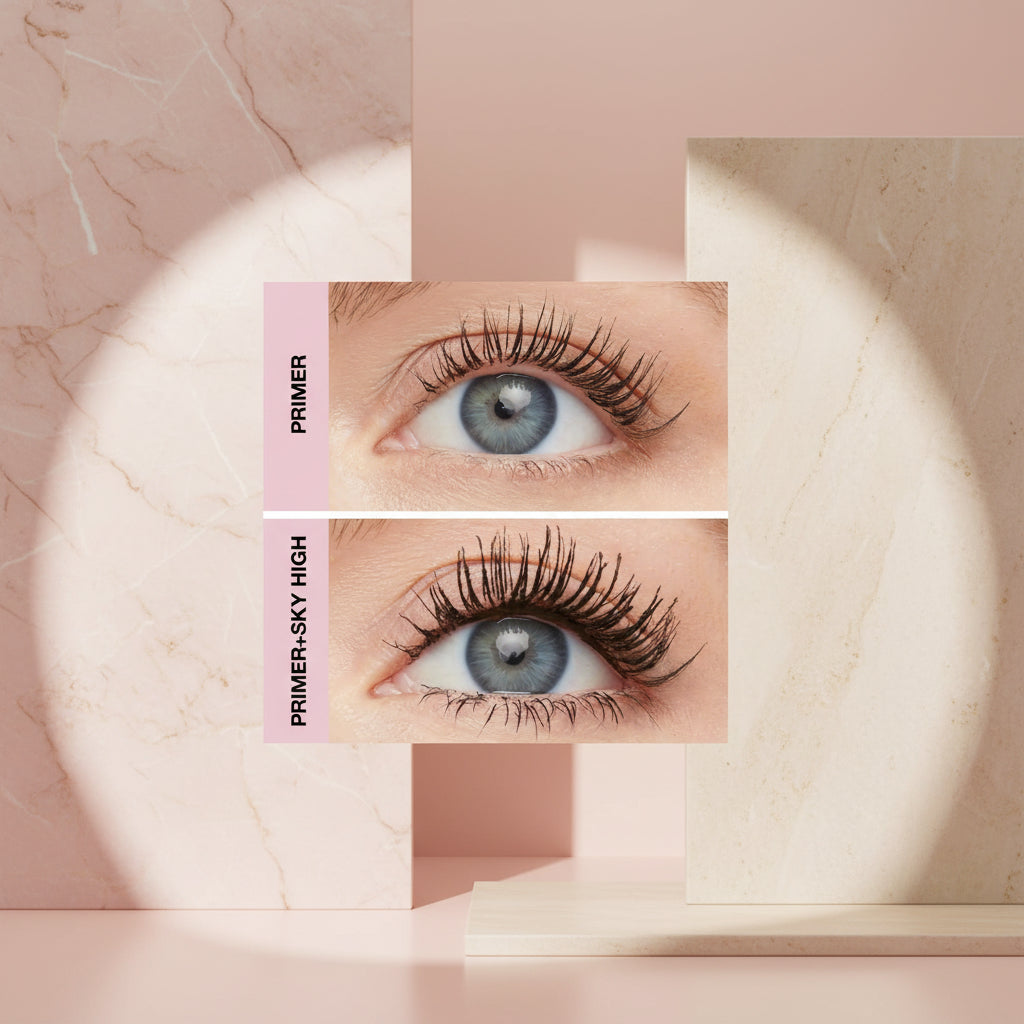 Close-up of a blue eye with eyelashes, showing the effect of primer and primer plus sky high on a pink background.