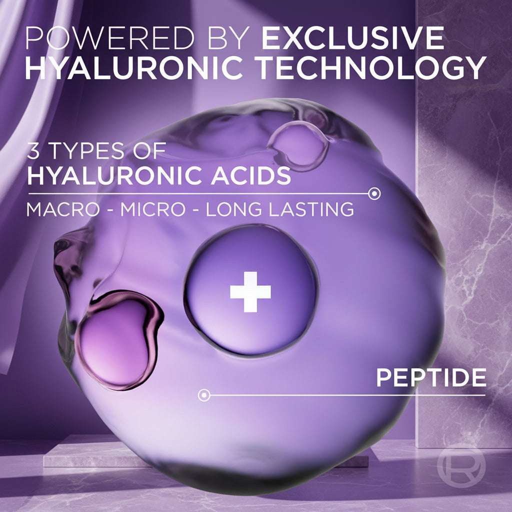 Purple sphere with text about hyaluronic acids and peptide technology on a purple background