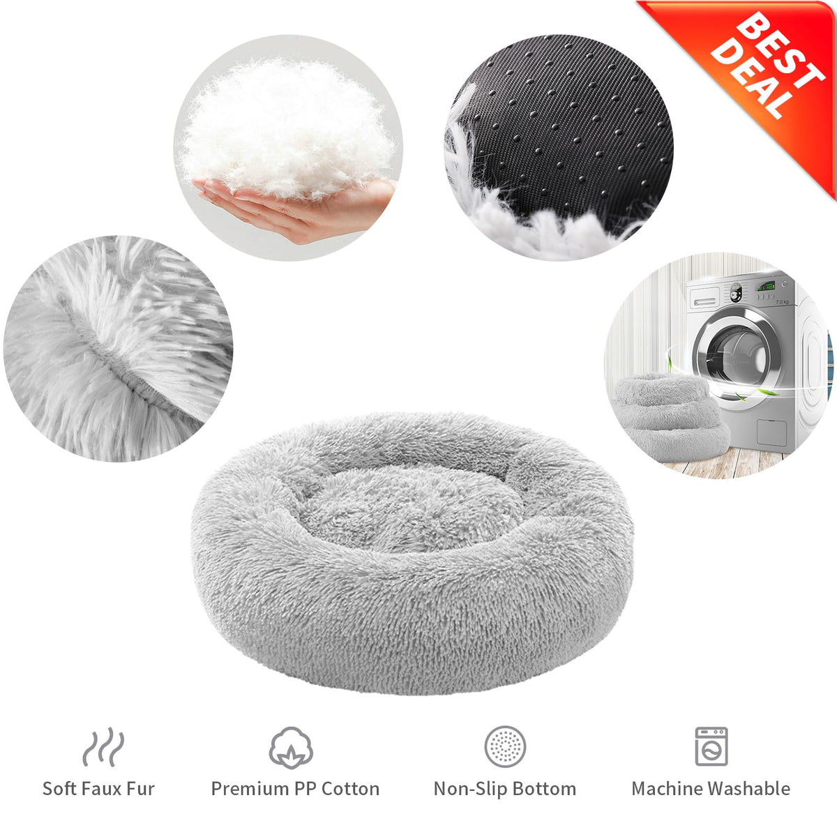 A plush round pet bed in light gray faux fur, shown on a white background with circular detail insets highlighting the fluffy texture, dotted non-slip bottom, soft lining, and fabric texture. Text at the bottom lists features including soft faux fur, premium PP cotton, non-slip bottom, and machine washable.