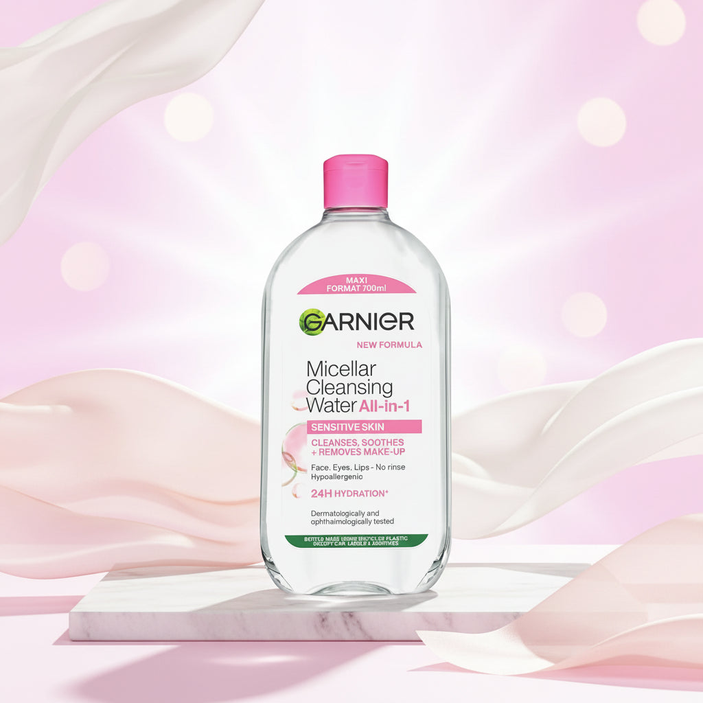 Garnier Micellar Cleansing Water All-in-1 bottle with a pink cap on a light pink background, featuring Cruelty Free International and Vegan Formula badges on the left.