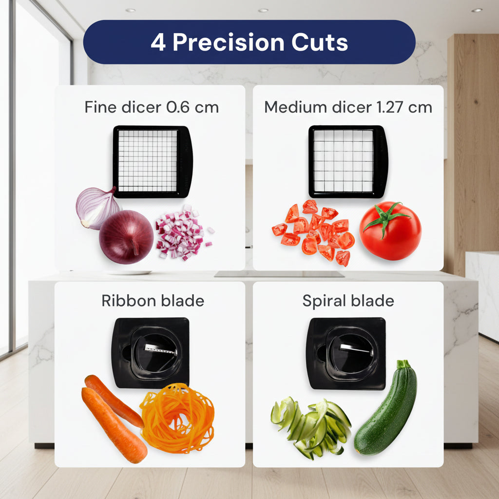 Comparison of time taken to chop vegetables with and without a kitchen tool, labeled 'Built for Speed'.