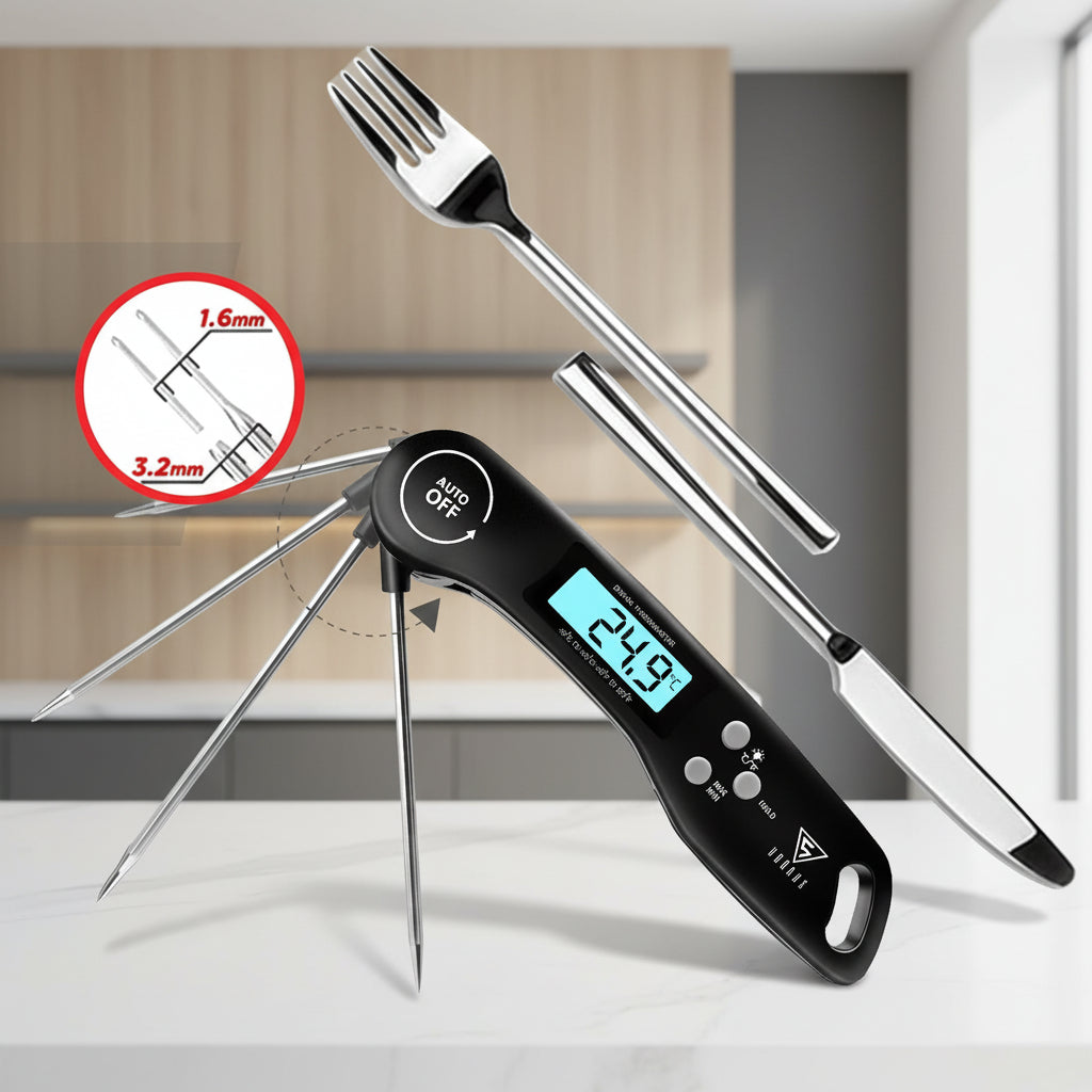 Digital thermometer with a fork and knife, featuring an LCD backlight and auto-shut-off feature.