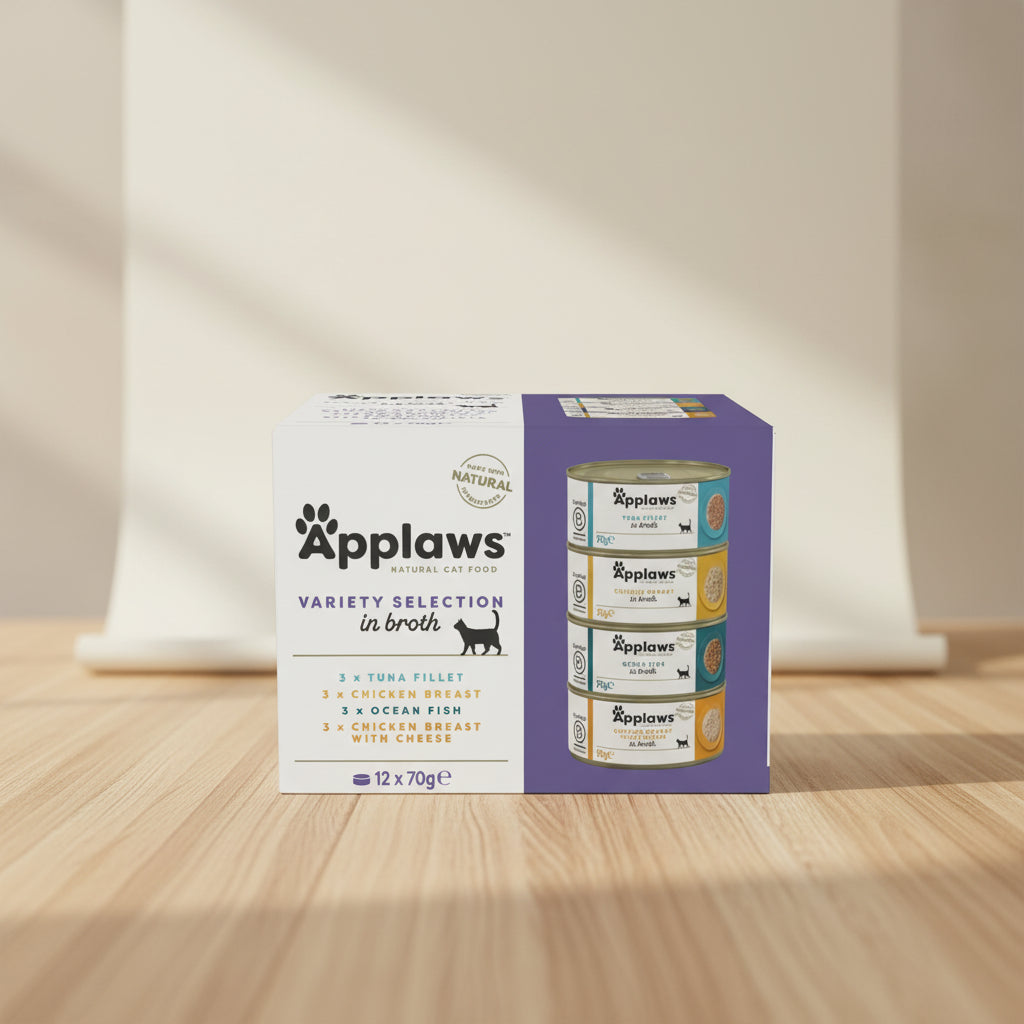 Box of Applaws natural cat food variety selection in broth with cans displayed.