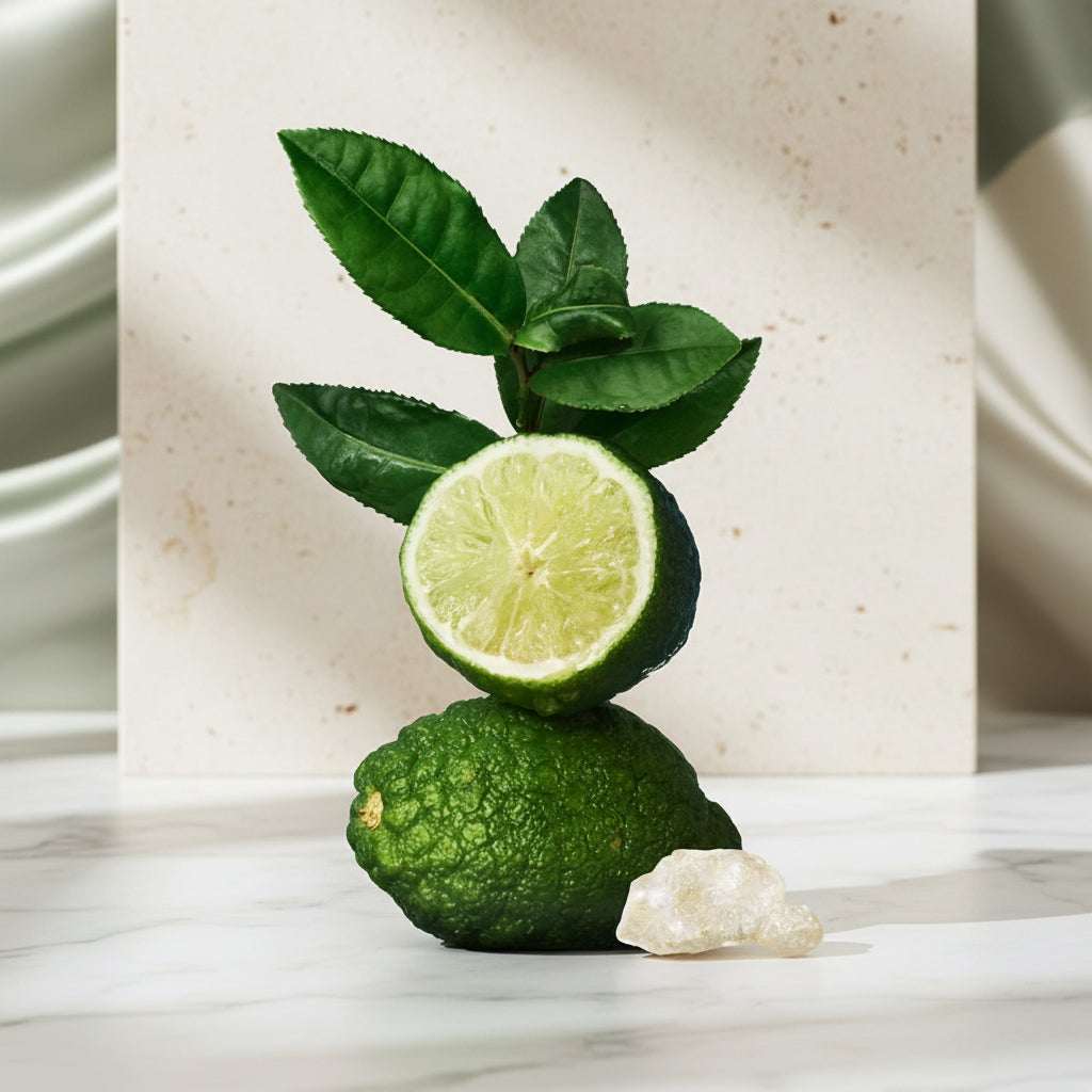 Green fruit with a cut half on a reflective surface against a blue background