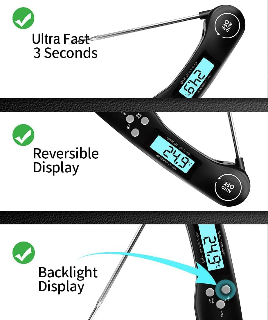 Comparison chart of Doqaus digital thermometer features on a gray background