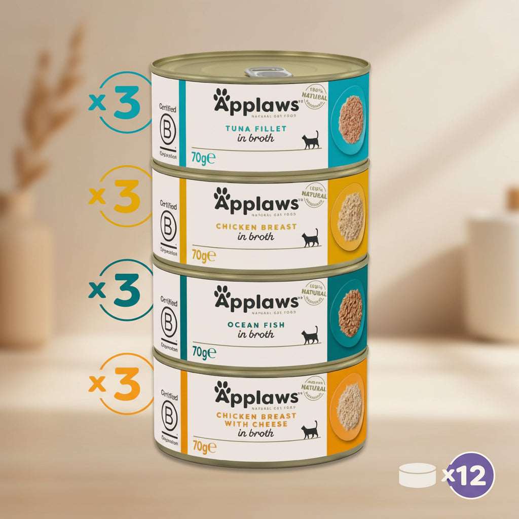 Stack of Applaws cat food tins with labels on a white background
