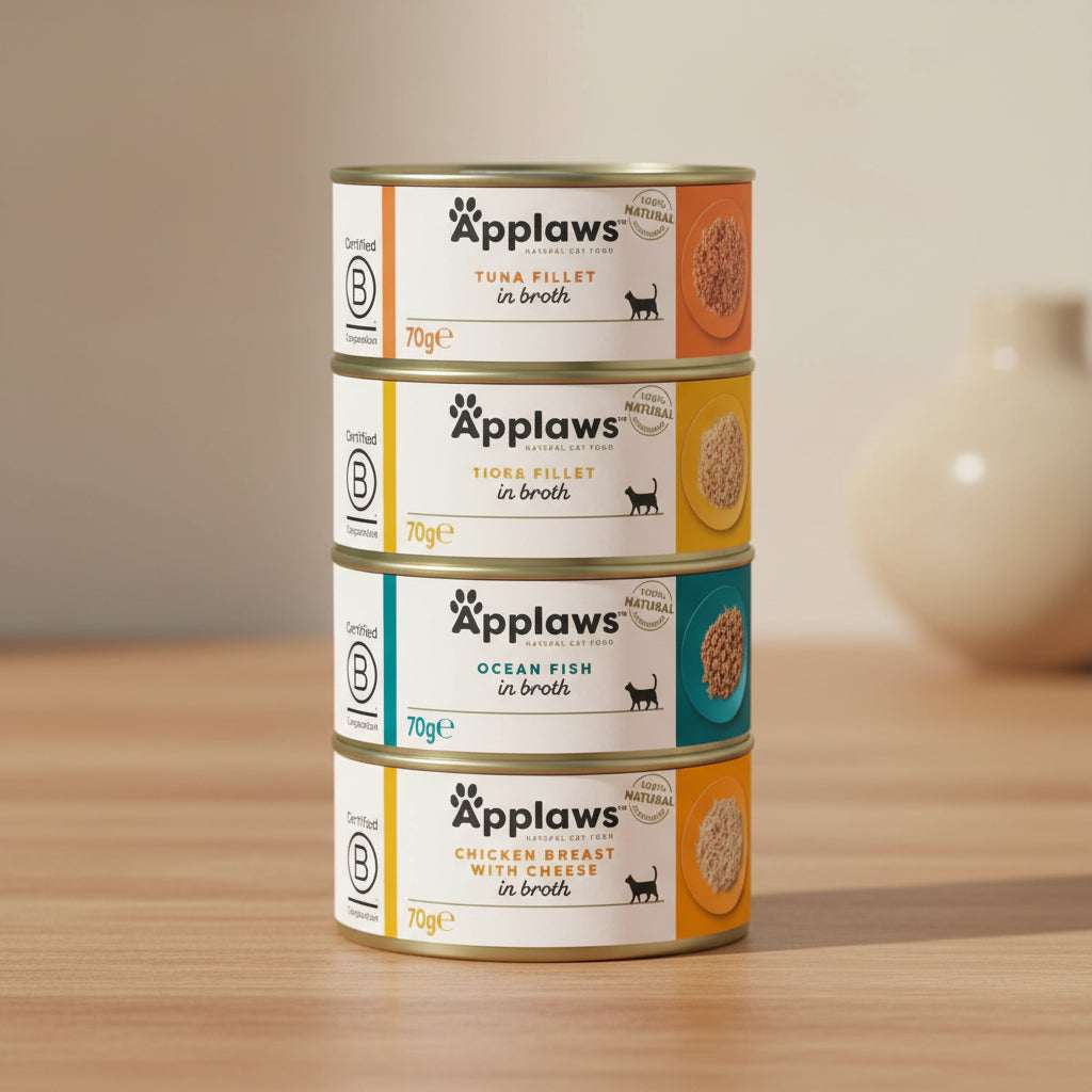 Stack of Applaws cat food tins with labels on a white background