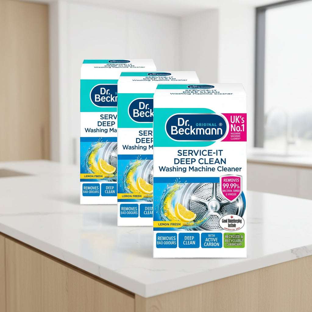 Dr. Beckmann Service-It Deep Clean Washing Machine Cleaner packaging with lemon fresh scent.