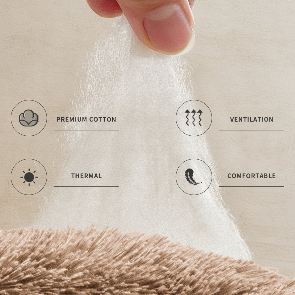 Close-up of a textured fabric with icons and text indicating features like premium cotton, ventilation, thermal, and comfort.