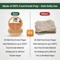 A promotional comparison graphic for parchment paper air fryer liners. The left side shows a stack of round beige parchment liners in a clear plastic ring package labeled 'Parchment Air Fryer Liners' under the heading 'Ours,' with text noting 45 GSM thickness, heat resistance up to 230°C, and food-grade material.