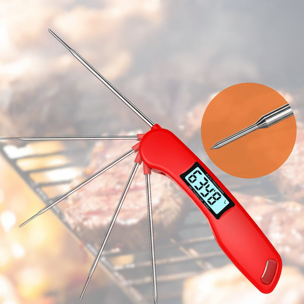 Red digital instant-read thermometer probe with multiple long metal probes, shown with promotional text and graphics explaining auto-on feature and rotating probe, on a blurred grill background.