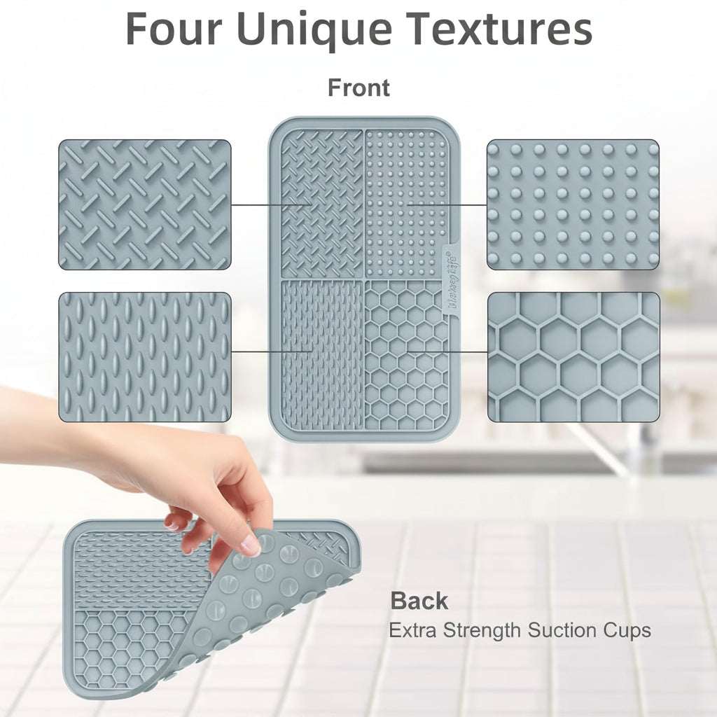 Set of four textured silicone mats with front and back views showing different patterns and suction cup design.
