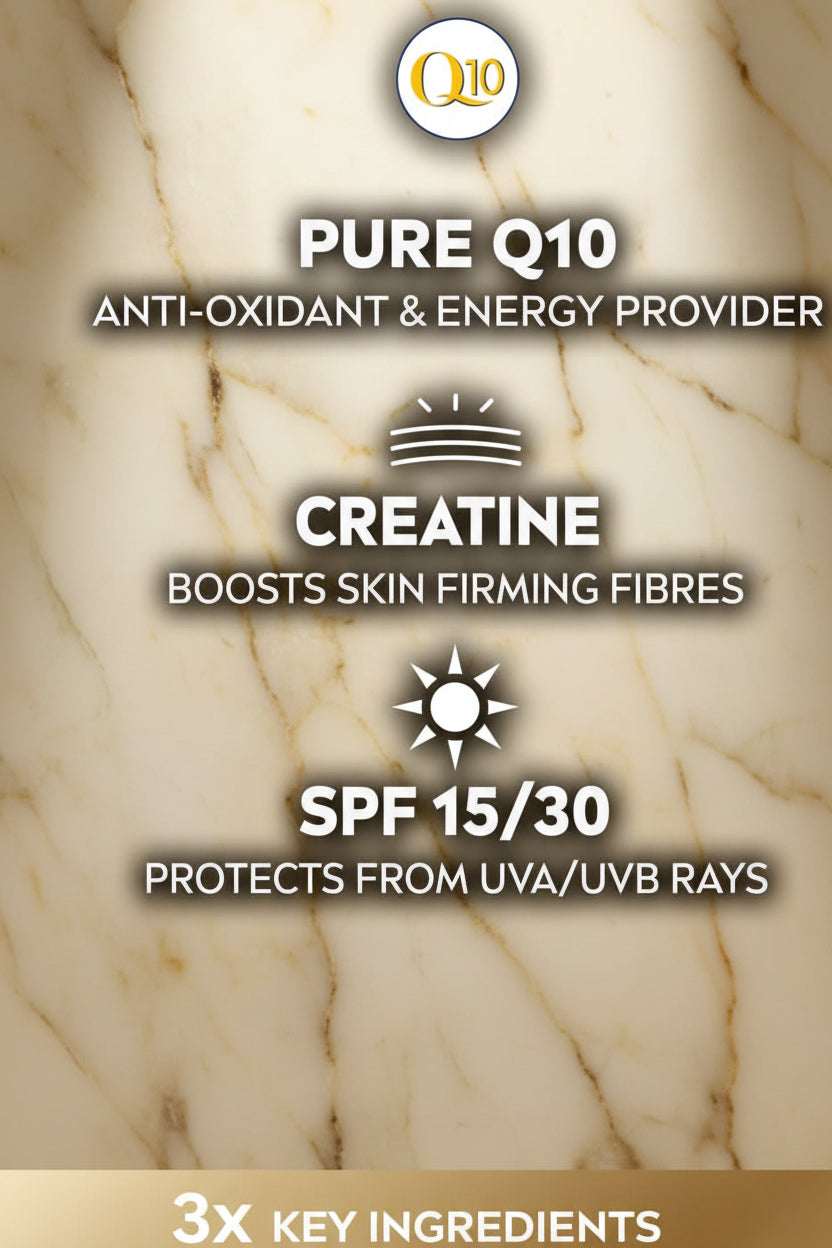 Product packaging with text highlighting Pure Q10, anti-oxidant, energy provider, creatine, skin firming fibers, SPF 15/30, and UVA/UVB protection.
