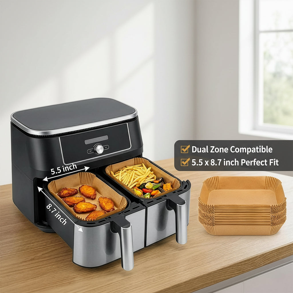 A countertop air fryer in a kitchen setting with two baskets, one containing fried food, alongside a stack of paper fry baskets and text reading '100 pcs' and 'Dual Zone Compatible 5.5 x 8.