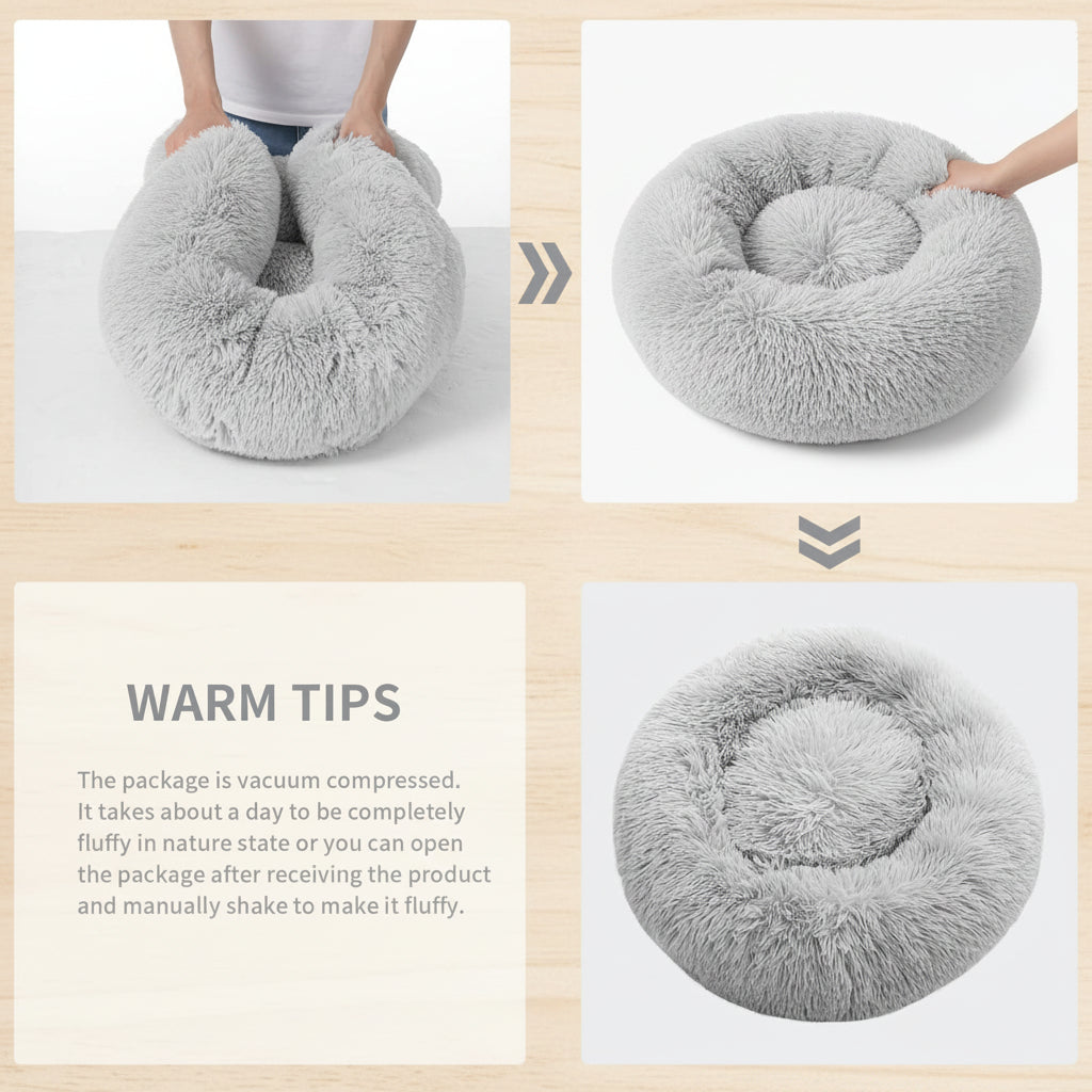 Three-panel product collage showing a fluffy light gray circular pet bed or cushion in different views, with hands holding it in the top left panel and text reading 'WARM TIPS' below explaining unpacking and fluffiness. The product itself is the soft gray pet bed, and no brand is visible.