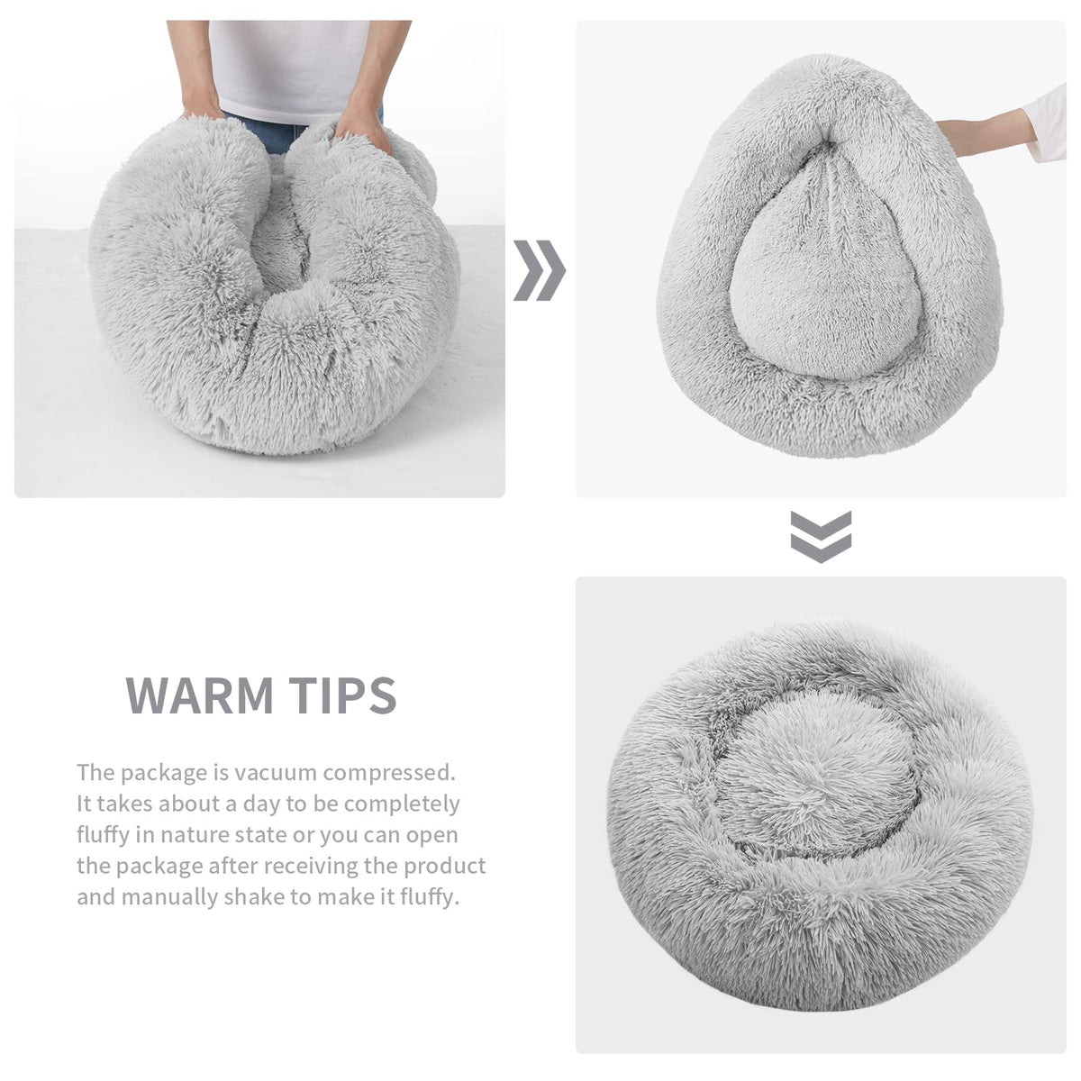 Three-panel product collage showing a fluffy light gray circular pet bed or cushion in different views, with hands holding it in the top left and a text panel explaining the package is vacuum compressed and it becomes fluffy when shaken. The product itself is the soft gray plush cushion, not the instructional text or arrows.