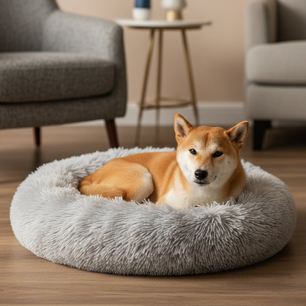 Dog lying on a fluffy gray pet bed in a modern living room.