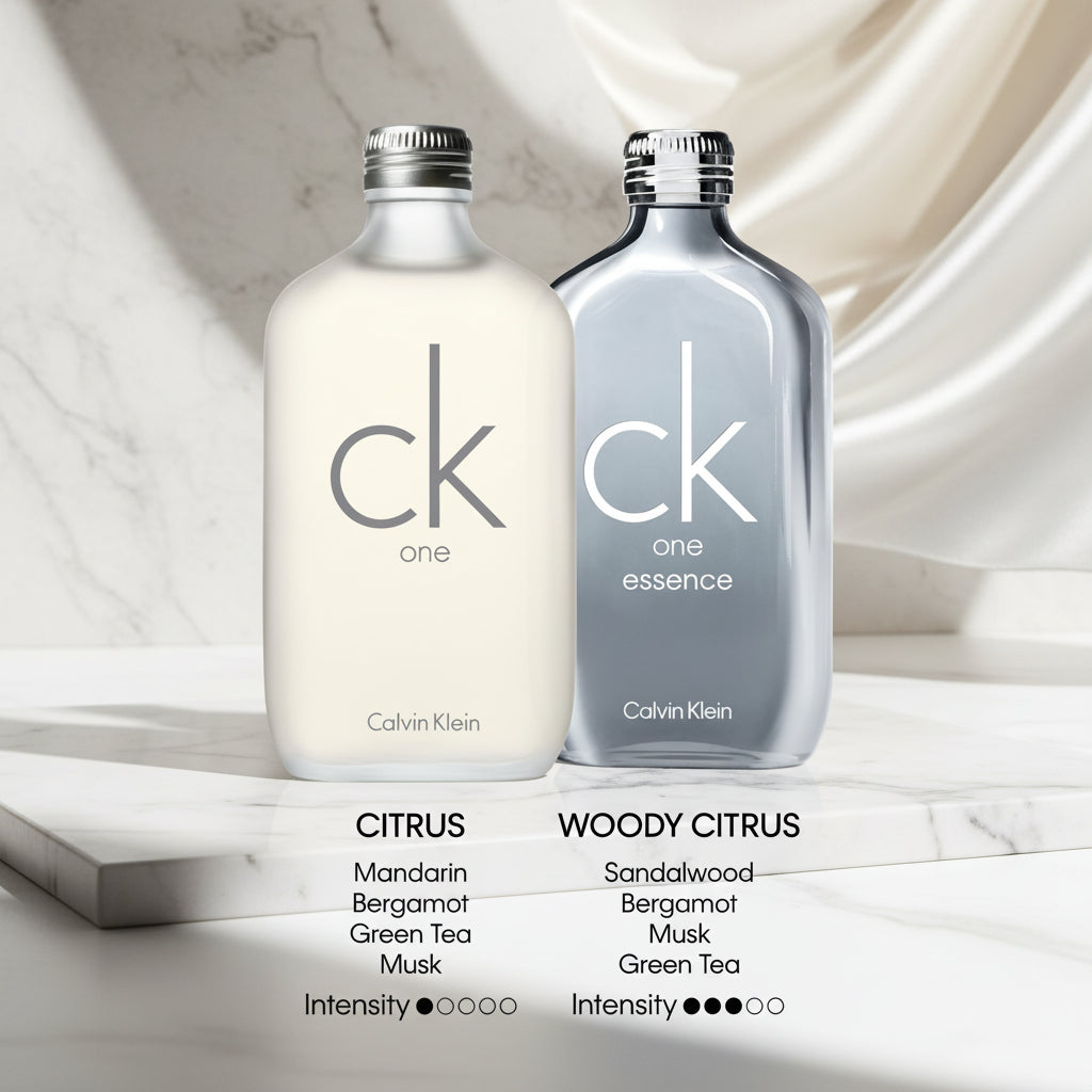 Two Calvin Klein fragrance bottles labeled 'ck one' and 'ck one essence' on a white background.