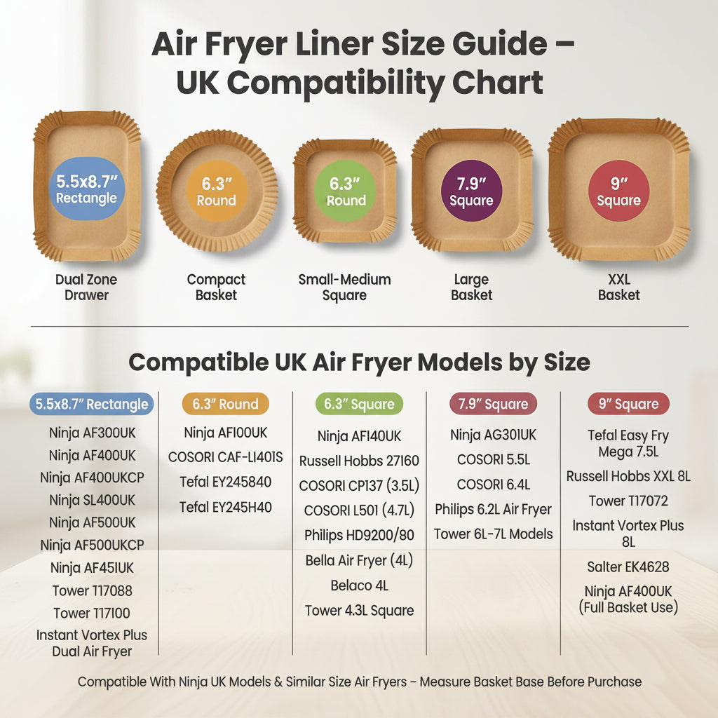 Air Fryer Liner Size Guide with compatibility chart for UK models