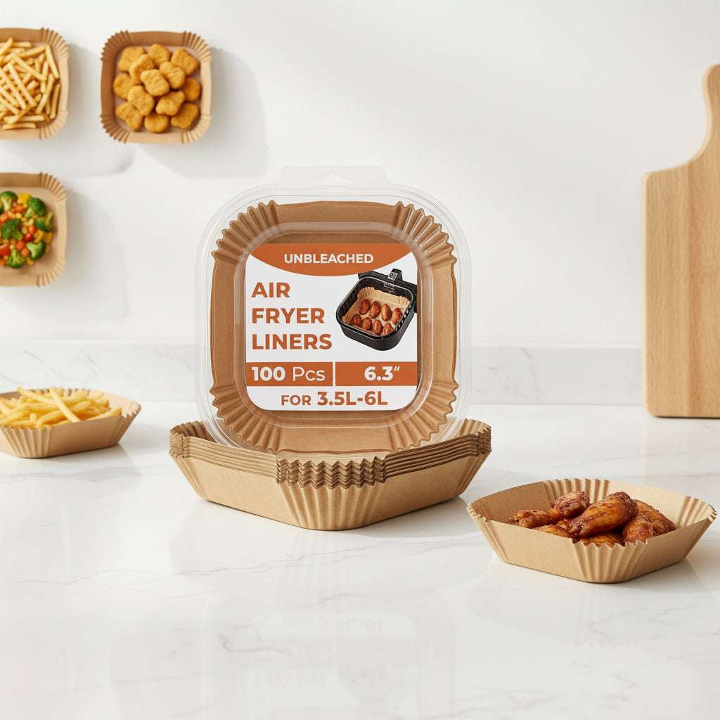 A pack of 100 brown kraft paper air fryer liners for 3.5L-6L air fryers, shown in a clear plastic clamshell package with a white and orange label.