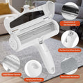 White pet hair removal roller with features highlighted on a neutral background