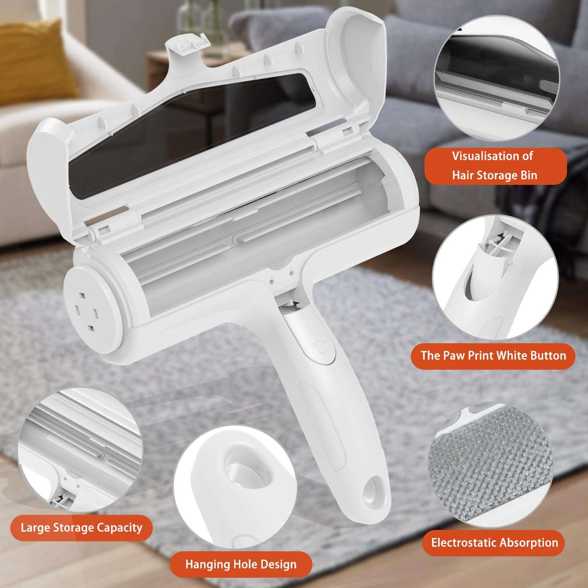White pet hair removal roller with features highlighted on a neutral background