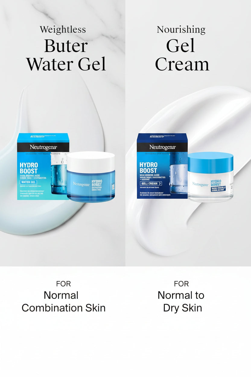 Three Neutrogena skincare products shown side by side on a light gray background: Weightless Water Gel, Nourishing Gel Cream, and Rich Night Cream, each with its box and jar and text indicating skin type suitability.
