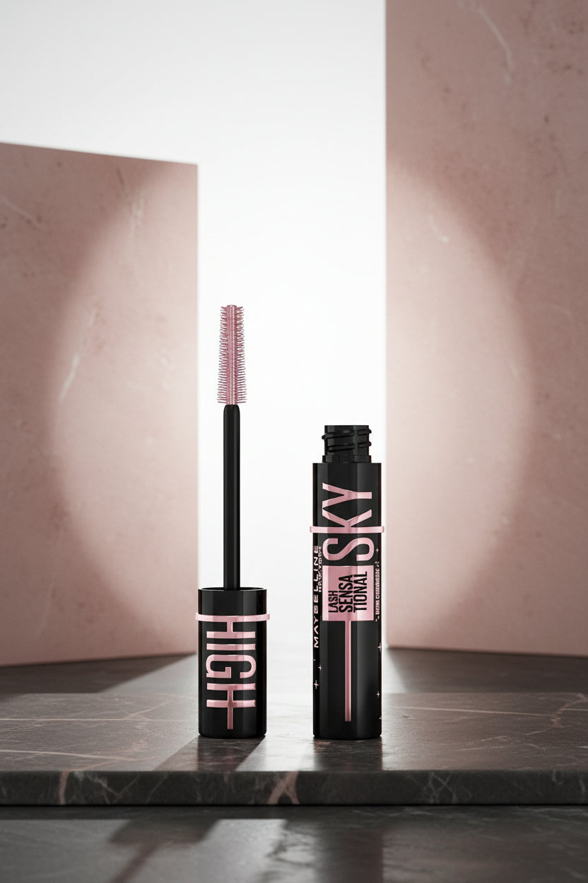 Maybelline Lash Sensational Sky mascara with black and pink packaging.