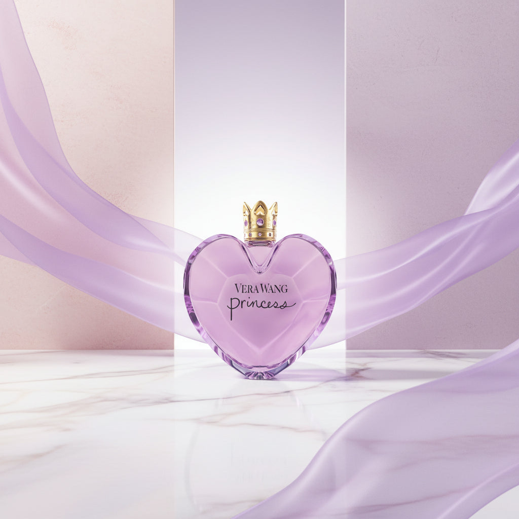 Vera Wang Princess perfume bottle with a heart shape and gold crown on a white background
