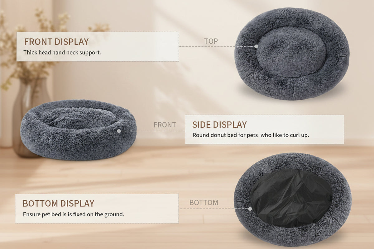 A product diagram showing a plush pet bed from four angles: front display, side display, bottom display, and top view. The bed is dark gray with a soft, fuzzy texture, and the image includes labels explaining the features of each view.