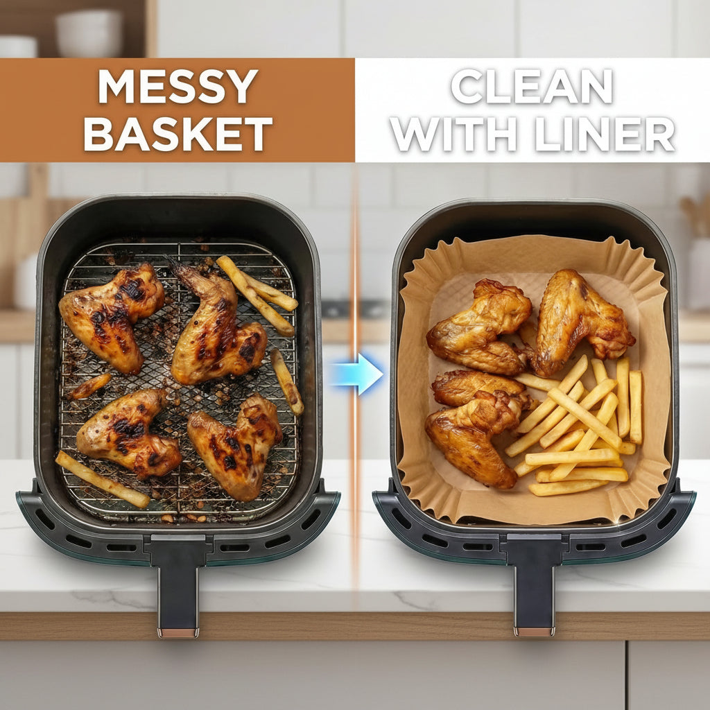 Comparison of a grill basket with food before and after using a liner.