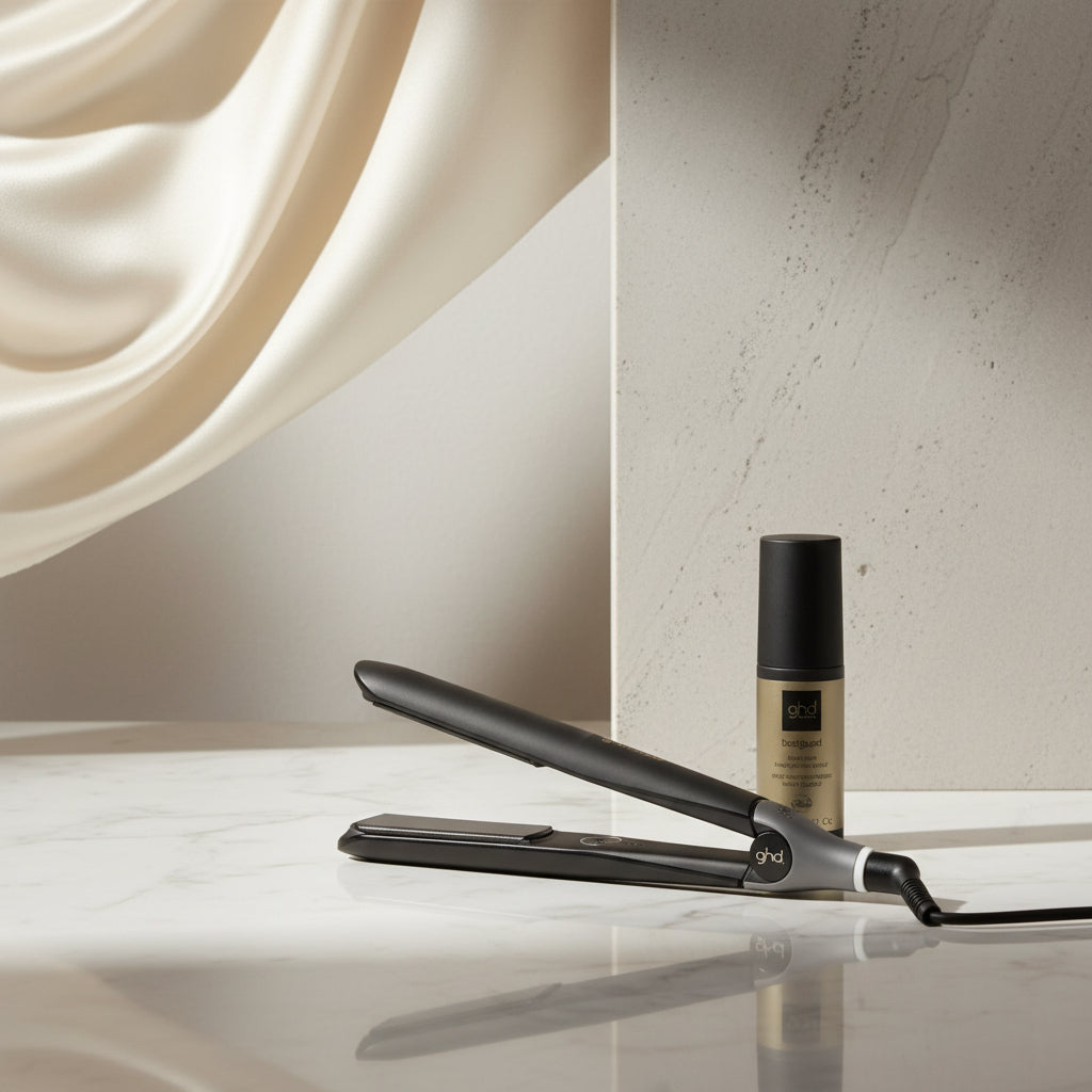 Woman with styled hair next to a hair straightener and bottle, with text in Italian about their bestseller product.