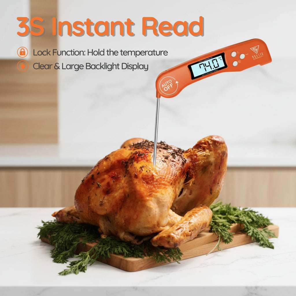 Digital thermometer reading a roasted chicken with '3S Instant Read' text.