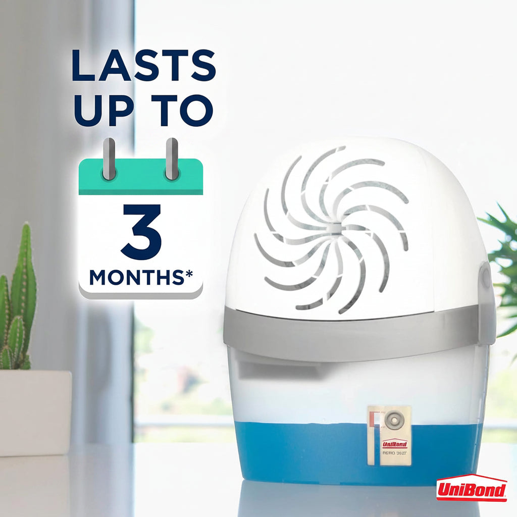 UniBond humidifier and dehumidifier appliance in white and blue, shown next to a 3-month calendar graphic with text stating 'LASTS UP TO 3 MONTHS'.